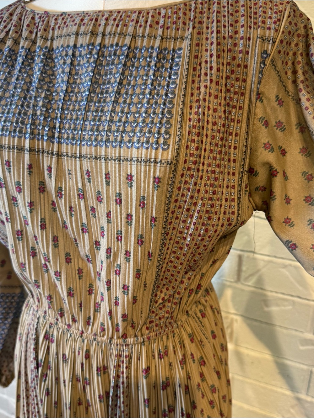 Vintage 70s 80s Liz Roberts Long Sleeve Midi Dress Taupe Floral Womens M - Picture 2 of 12
